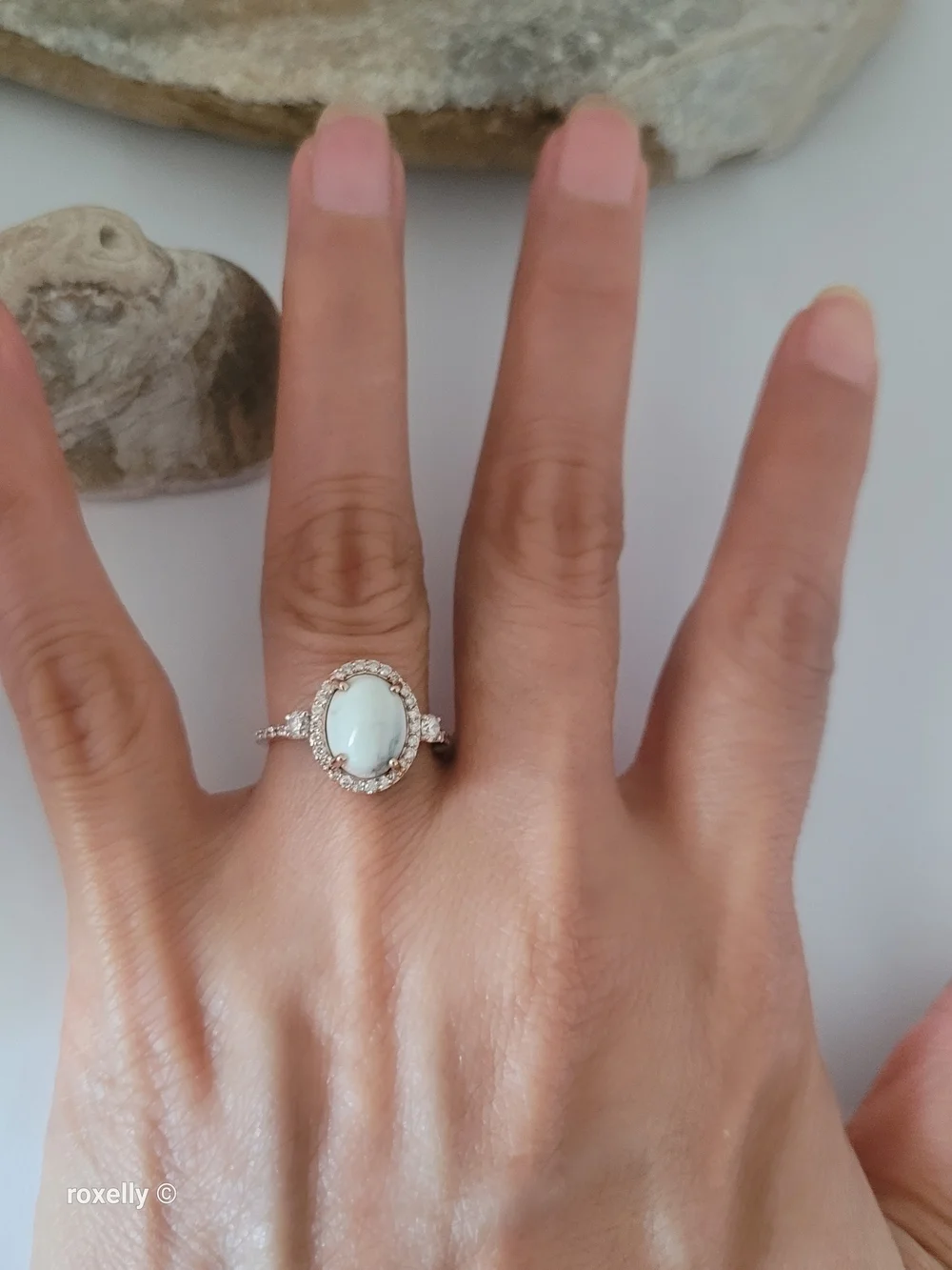 14K Rose Gold White Buffalo Turquoise and Diamond Halo Ring Size 6.25 Solid Gold